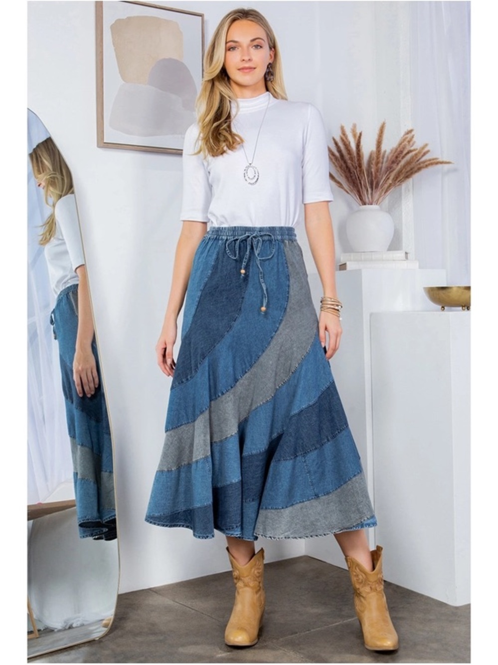Young Threads NWT Patchwork Boho Denim Tiered Maxi Skirt – Large